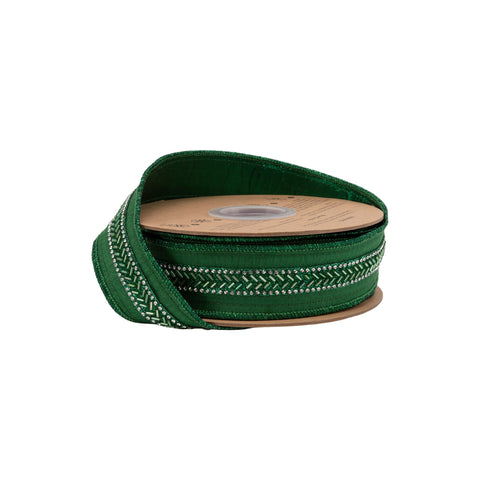 1.5" Green Beaded Trim Wired Dupioni Ribbon - 10 Yard, shoptreeboutique.com