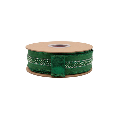1.5" Green Beaded Trim Wired Dupioni Ribbon - 10 Yard, shoptreeboutique.com