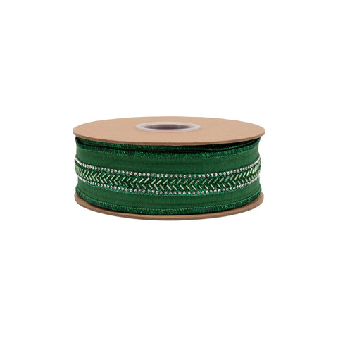 1.5" Green Beaded Trim Wired Dupioni Ribbon - 10 Yard, shoptreeboutique.com