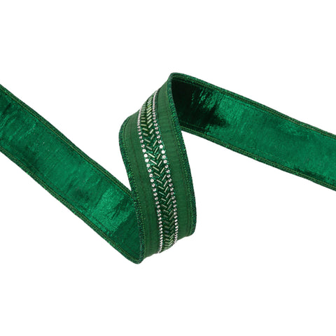 1.5" Green Beaded Trim Wired Dupioni Ribbon - 10 Yard, shoptreeboutique.com