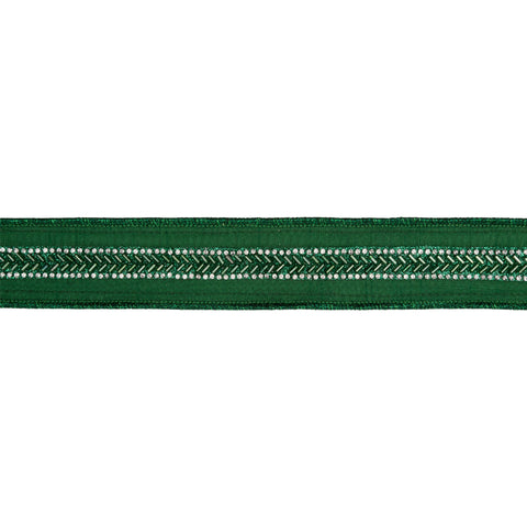 1.5" Green Beaded Trim Wired Dupioni Ribbon - 10 Yard, shoptreeboutique.com