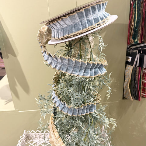 1.5" Aqua Crushed Velvet Ruffle Ribbon with Gold Edge