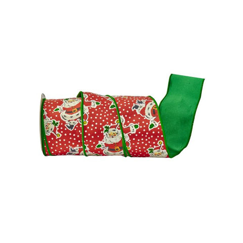 4" x 10 Yard Fun Santa & Polka Dot Ribbon – Red, Green & White, shoptreeboutique.com