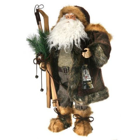 25" Wooden Burlap Santas with Skiis and Lantern