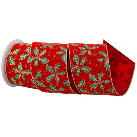 4"x10Y Glitter Holly Velvet Ribbon