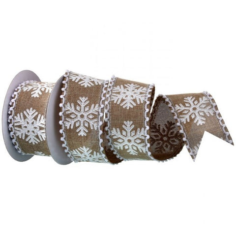 2.5"x10Y Pom Pom Printed Snowflake Ribbon