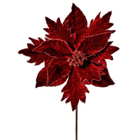 20" Velvet Burgundy/Gold Glitter Poinsettia Stem