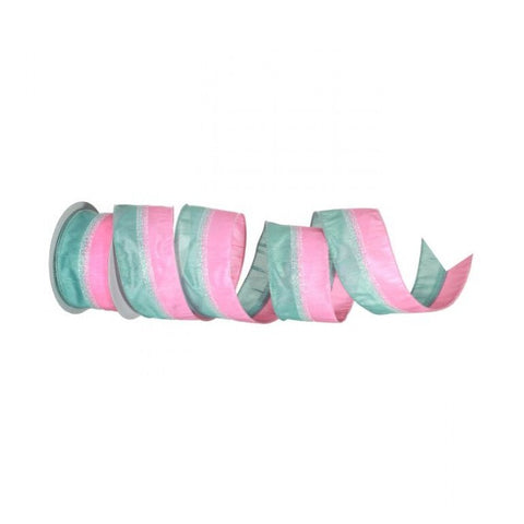 2.5"x10Y Pink/Green Candy Striped Wired Ribbon