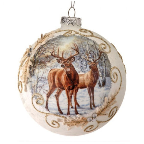 5" Glass Deer with Holly Scroll Ball Ornament, thetreeboutique.ai