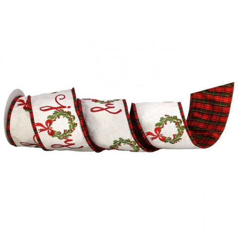 4"x5Y "Joy" Wreath Dupion Plaid Back Ribbon