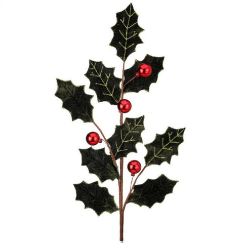 27" Velvet Holly Leaf Spray with Ball, shoptreeboutique.com