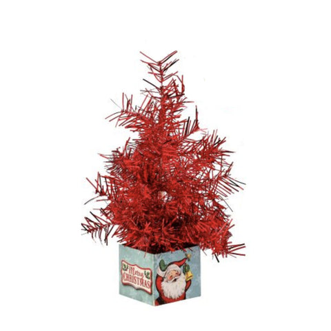 8" Retro Gift Box With Tinsel Tree - Red, thetreeboutique.ai