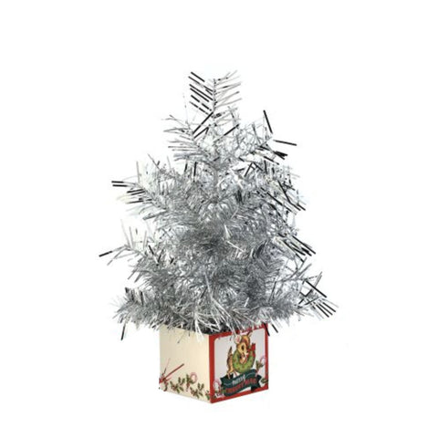 8" Retro Gift Box With Tinsel Tree - Silver, thetreeboutique.ai