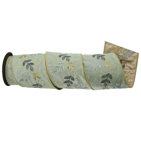 4" Dupion Botanical Leaf Garland Ribbon, Green | 5 Yards, shoptreeboutique.com