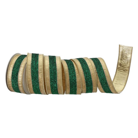 2" Wired Glitter Ribbon, Green & Gold | 10 Yards