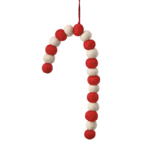 8" Wool PomPom Candy Cane Ornament, thetreeboutique.ai
