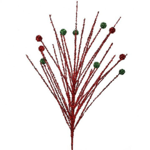 30" Glitter Burst Stem Red with Red & Green balls, shoptreeboutique.com