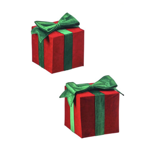 8-10" Velvet Gift Boxes - Red with Green Bows - Set of 2, thetreeboutique.ai