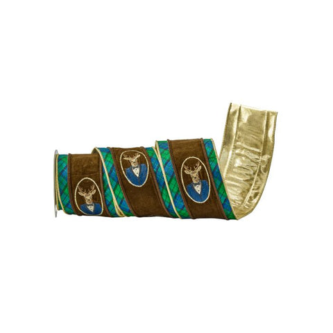 4" Deer Bust Plaid Ribbon, Green & Brown | 5 Yards, shoptreeboutique.com