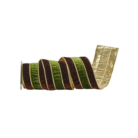 4" Velvet Overlay Stripe Ribbon, Brown & Green, 5 Yards, shoptreeboutique.com