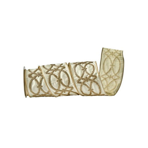 4" Dupion Ribbon with Gold Scroll Loops, Ivory & Gold | 5 Yards, shoptreeboutique.com