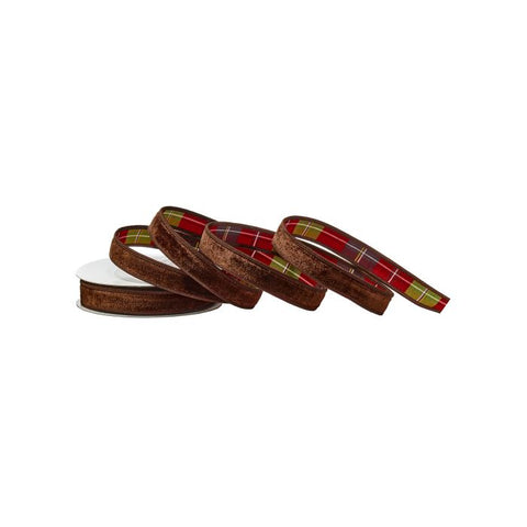 1" Velvet Ribbon with Highlands Plaid Back – Chocolate | 10 Yards, shoptreeboutique.com