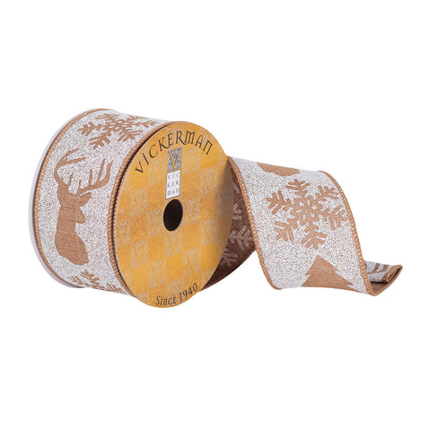 2.5"x10yrd Tan White Deer Snowflake Ribbon