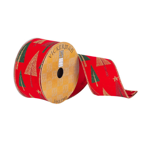 2.5"x10yd Red Velvet Gold/Green Glitter Tree Ribbon