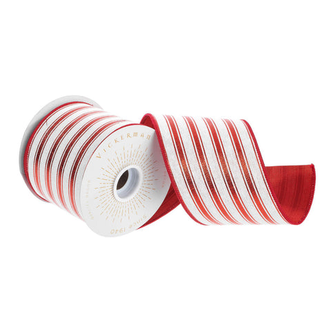 4"x10yd White/Red Foil Stripe Ribbon