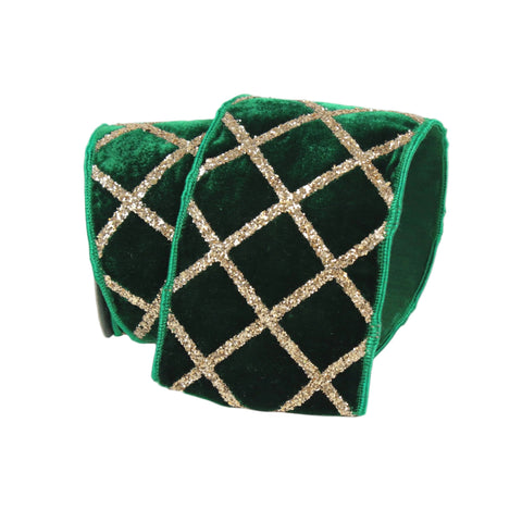 4" Velvet Glitter Lattice Ribbon – Emerald | 5 Yards, shoptreeboutique.com