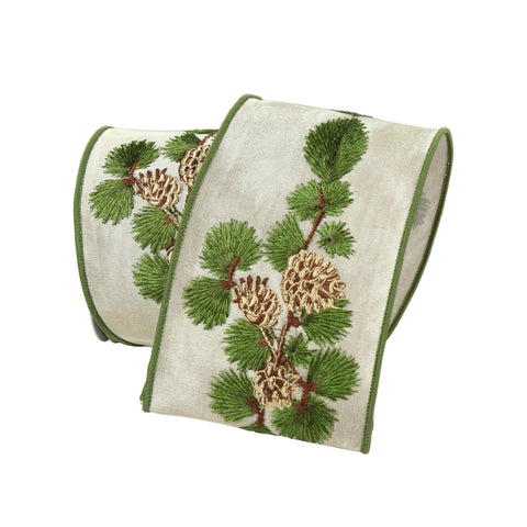 4" Shimmering Pinecone Branch Ribbon – Green |  5 Yards,  shoptreeboutique.com