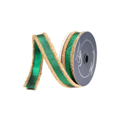 1" Tinsel Borders Ribbon – Emerald and Gold | 10 Yards, shoptreeboutique.com