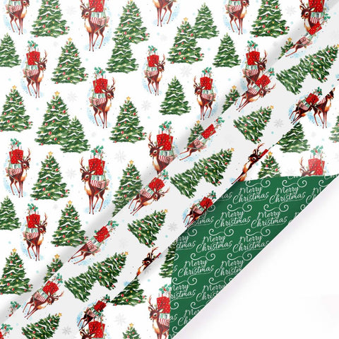 30" Vintage Trees and Christmas Deer Reversible Wrapping Paper | 10 ft., shoptreeboutique.com