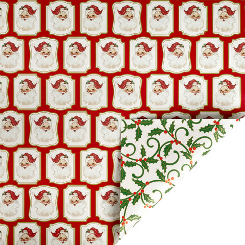 30" Vintage Santa and Holiday Scroll Reversible Metallic Wrapping Paper | 10 ft.