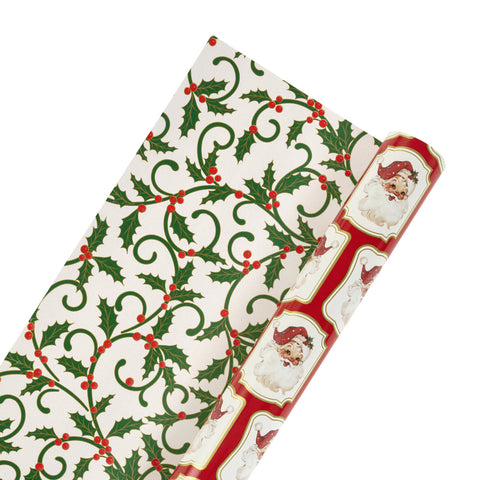 30" Vintage Santa and Holiday Scroll Reversible Metallic Wrapping Paper | 10 ft.