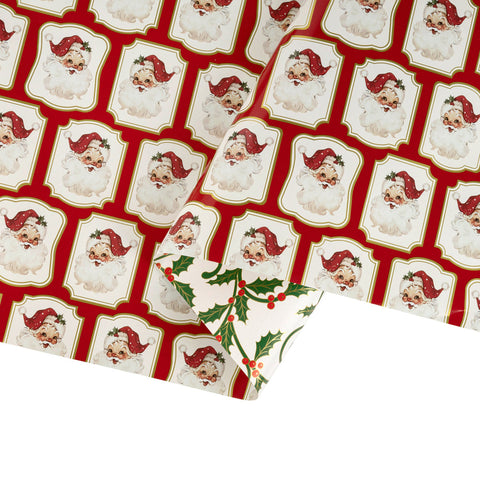 30" Vintage Santa and Holiday Scroll Reversible Metallic Wrapping Paper | 10 ft.
