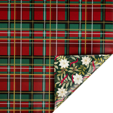 30" Rich Plaid and Holiday Floral Reversible Metallic Wrapping Paper | 10 ft., shoptreeboutique.com