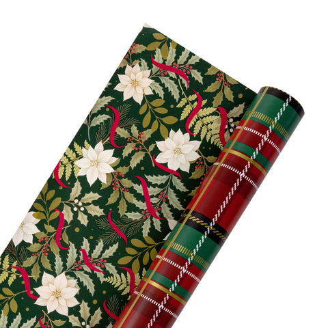 30" Rich Plaid and Holiday Floral Reversible Metallic Wrapping Paper | 10 ft., shoptreeboutique.com