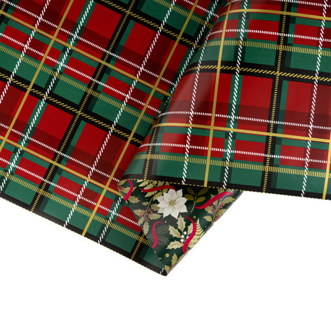 30" Rich Plaid and Holiday Floral Reversible Metallic Wrapping Paper | 10 ft., shoptreeboutique.com