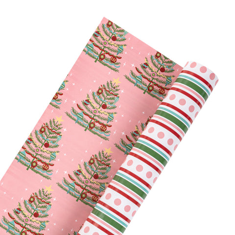 30" Pink Vintage Christmas Reversible Wrapping Paper | 10 ft., shoptreeboutique.com