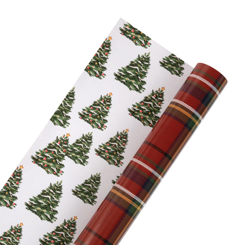 30" Tartan Plaid and Decorated Trees Reversible Wrapping Paper | 10 ft., shoptreeboutique.com