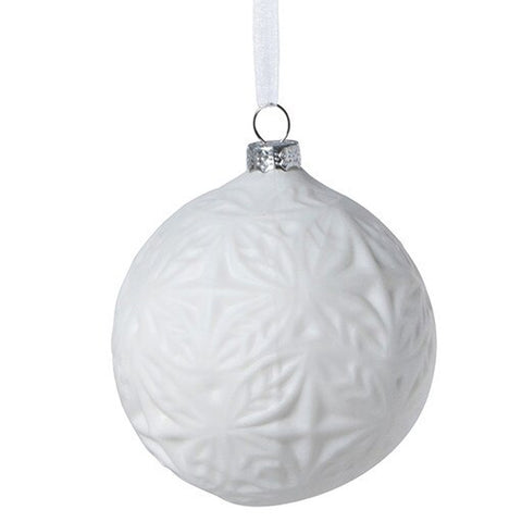 4" Quilted Snowflake Pattern Matte White Glass Ball Ornament, shoptreeboutique.com