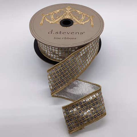 1.5” x 10yds metallic silver flash sequins, gold 05-2069