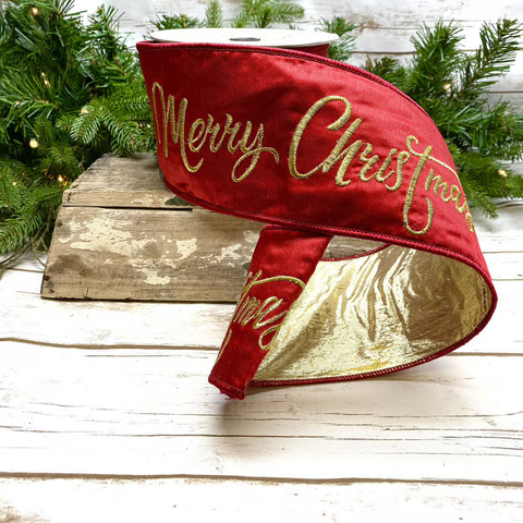4“ x 10yds faux dupion embroidery, gold Merry Christmas, red 18-3536