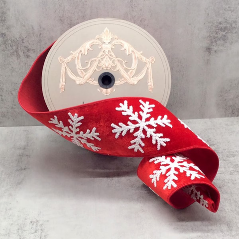 4”x10YD Red Velvet Glitter Snowflake Ribbon