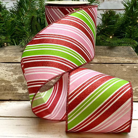 4“ x 10yds satin red glitter pink green candy cane, white 15-7600