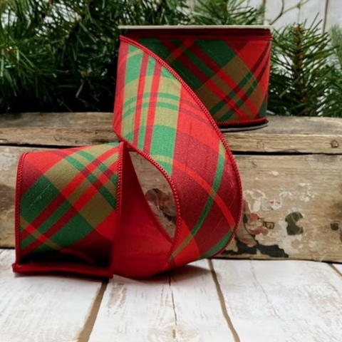 2.5“ x 10yds faux dupion diagonal plaid, green red 05-1590