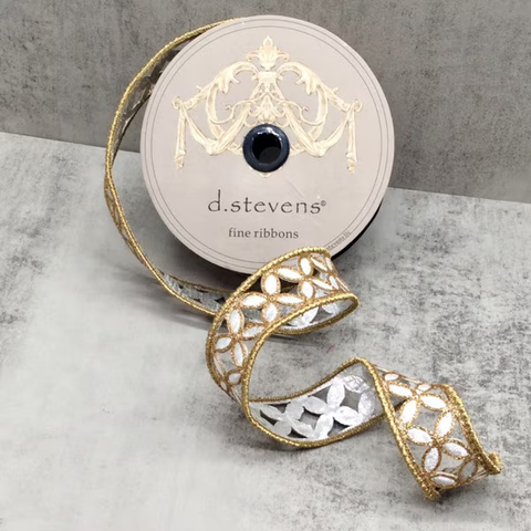 1.5”x10YD Metallic Floral Cutout Ribbon