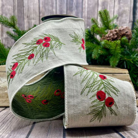 4” x 5yds cotton embroidery berry greenery, cream 18-4117