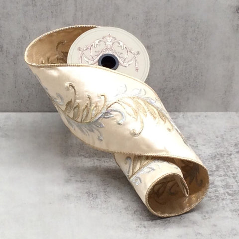 4“ x 5yds dupion gold silver fern fronds, ivory 18-4349